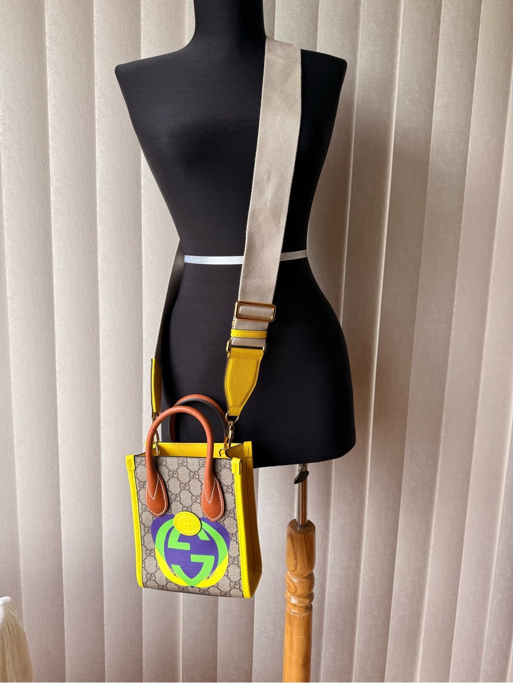 Gucci Beige Monogram Crossbody with Yellow Trim, Brown Handles and Neon Logo